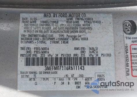 2006 Mercury Milan V6 z USA, uszkodzony, nr VIN 3MEFM07116R611143